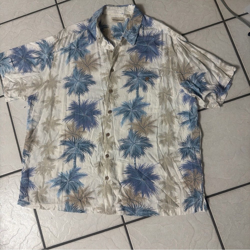 Caribbean Men's 2X Button Down Shirt Rayon Cotton Hawaiian Blue Palm Trees